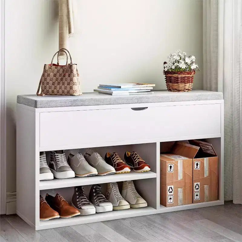 Banc à chaussures avec coussin, banc d'entrée avec étagère réglable, banc à chaussures de rangement dissimulé, étagère à chaussures en bois, pour entrée, couloir