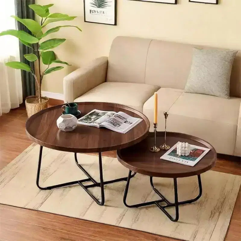 Tables basses rondes, lot de 2, tables de salon en bois avec cadre en métal, tables d'appoint pour salon