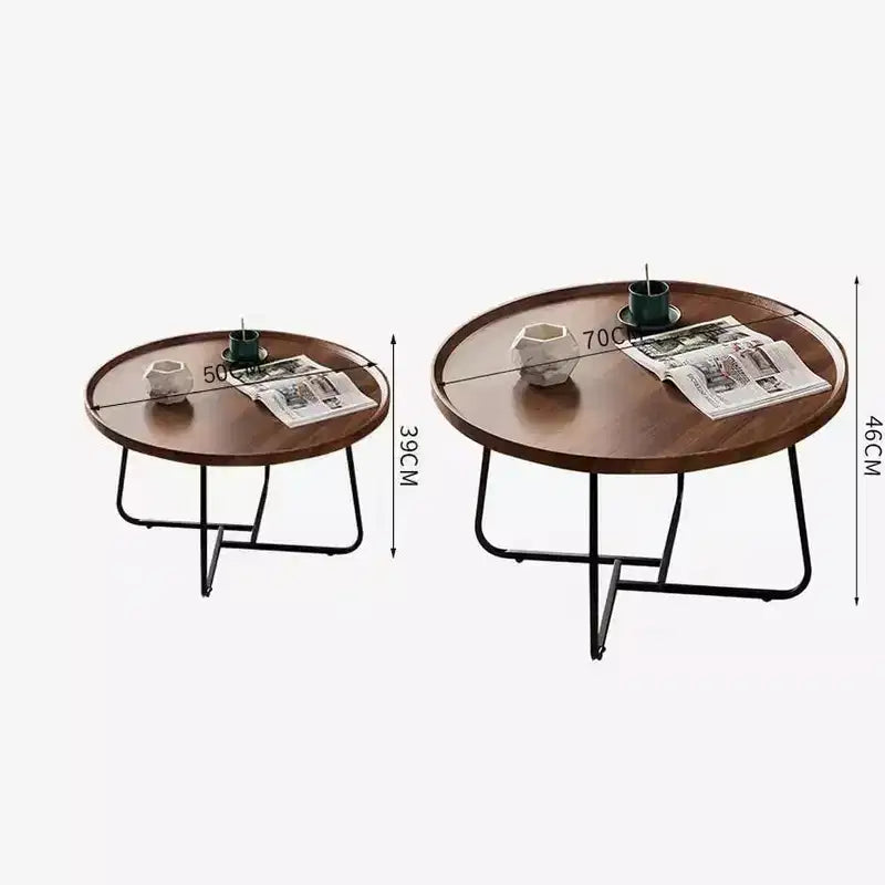 Tables basses rondes, lot de 2, tables de salon en bois avec cadre en métal, tables d'appoint pour salon