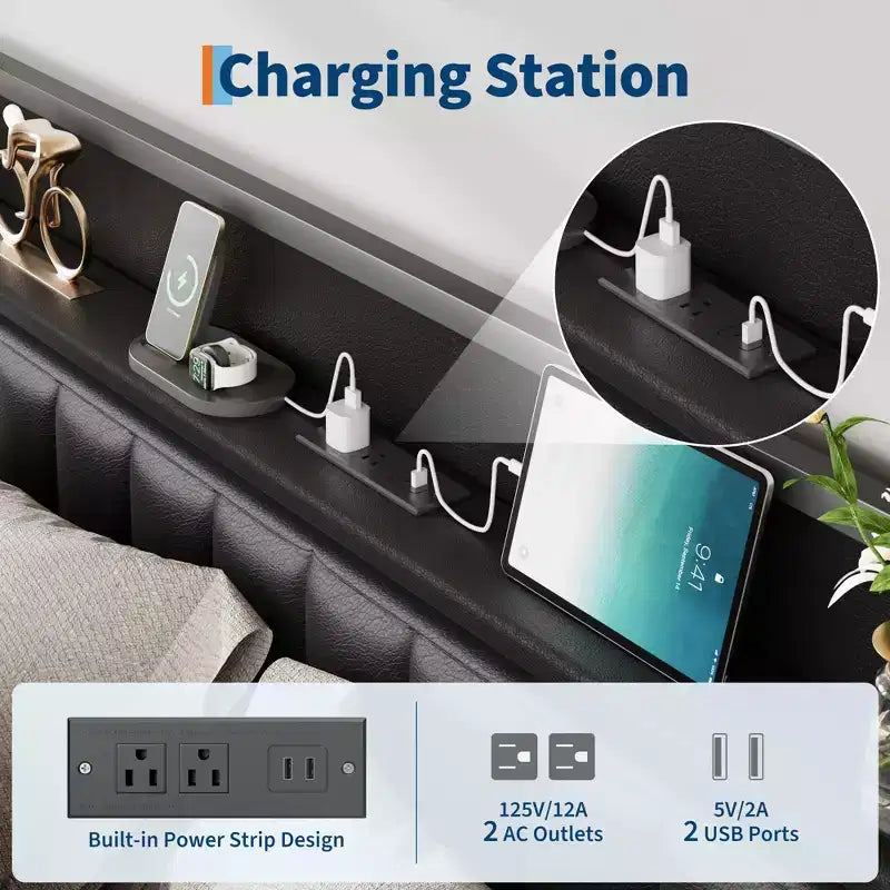 Cadre de lit double avec revêtement en similicuir PU, tête de lit capitonnée avec station de recharge, cadre de lit plate-forme double entièrement métallique avec rangement, noir