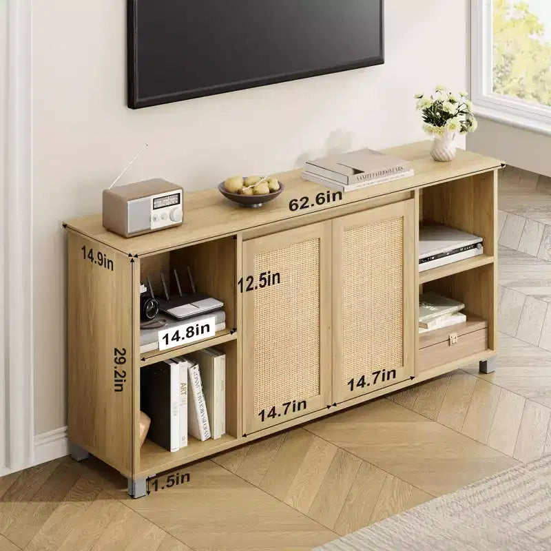 Meuble TV 70" mi-siècle moderne avec portes en rotin - Meuble de divertissement pour téléviseur 70 pouces, 2 placards de rangement et 3 étagères ouvertes