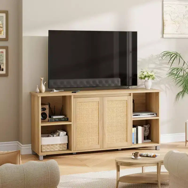 Meuble TV 70" mi-siècle moderne avec portes en rotin - Meuble de divertissement pour téléviseur 70 pouces, 2 placards de rangement et 3 étagères ouvertes