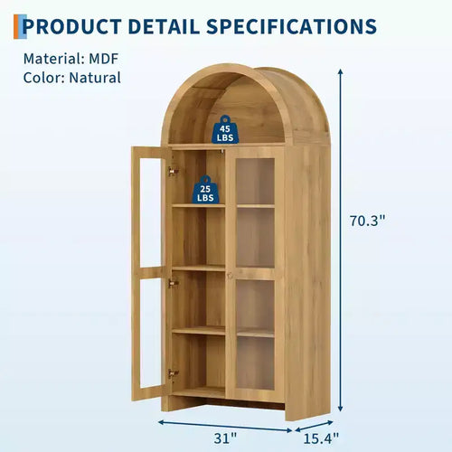 Armoire de cuisine haute de 70 po avec portes cintrées, Meuble de rangement de cuisine en bois avec étagères réglables, Armoire polyvalente pour salle à manger, salle de bain