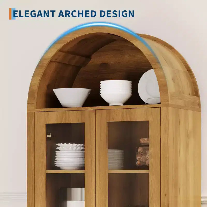 Armoire de cuisine haute de 70 po avec portes cintrées, Meuble de rangement de cuisine en bois avec étagères réglables, Armoire polyvalente pour salle à manger, salle de bain