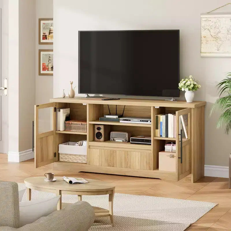 Meuble TV compatible avec les téléviseurs jusqu'à 72 pouces, meuble de divertissement à motif ondulé avec 2 armoires à portes vitrées, console multimédia TV avec 2 portes ouvertes (Naturel)