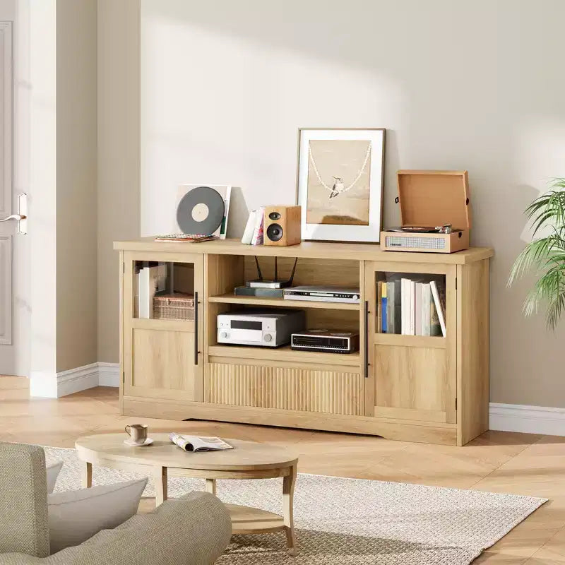 Meuble TV compatible avec les téléviseurs jusqu'à 72 pouces, meuble de divertissement à motif ondulé avec 2 armoires à portes vitrées, console multimédia TV avec 2 portes ouvertes (Naturel)