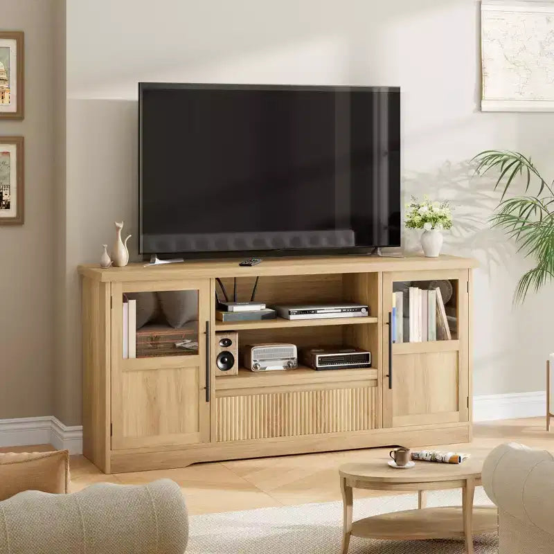 Meuble TV compatible avec les téléviseurs jusqu'à 72 pouces, meuble de divertissement à motif ondulé avec 2 armoires à portes vitrées, console multimédia TV avec 2 portes ouvertes (Naturel)