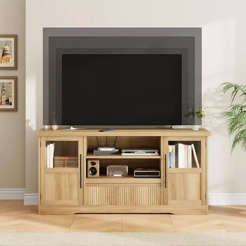 Meuble TV compatible avec les téléviseurs jusqu'à 72 pouces, meuble de divertissement à motif ondulé avec 2 armoires à portes vitrées, console multimédia TV avec 2 portes ouvertes (Naturel)