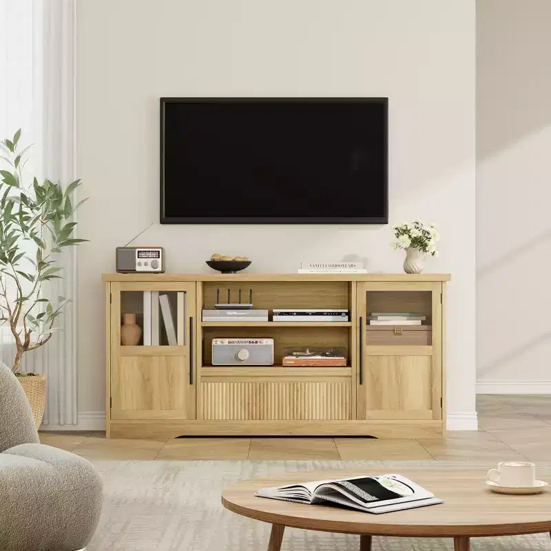 Meuble TV compatible avec les téléviseurs jusqu'à 72 pouces, meuble de divertissement à motif ondulé avec 2 armoires à portes vitrées, console multimédia TV avec 2 portes ouvertes (Naturel)