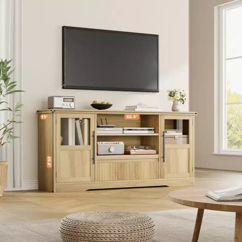 Meuble TV compatible avec les téléviseurs jusqu'à 72 pouces, meuble de divertissement à motif ondulé avec 2 armoires à portes vitrées, console multimédia TV avec 2 portes ouvertes (Naturel)