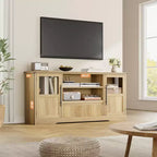 Meuble TV compatible avec les téléviseurs jusqu'à 72 pouces, meuble de divertissement à motif ondulé avec 2 armoires à portes vitrées, console multimédia TV avec 2 portes ouvertes (Naturel)