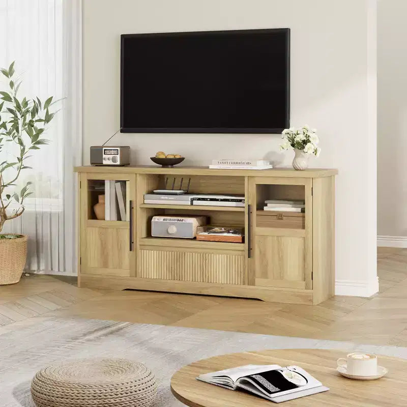 Meuble TV compatible avec les téléviseurs jusqu'à 72 pouces, meuble de divertissement à motif ondulé avec 2 armoires à portes vitrées, console multimédia TV avec 2 portes ouvertes (Naturel)