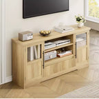 Meuble TV compatible avec les téléviseurs jusqu'à 72 pouces, meuble de divertissement à motif ondulé avec 2 armoires à portes vitrées, console multimédia TV avec 2 portes ouvertes (Naturel)