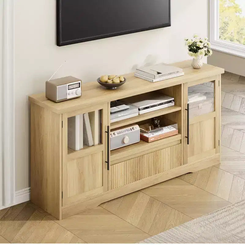 Meuble TV compatible avec les téléviseurs jusqu'à 72 pouces, meuble de divertissement à motif ondulé avec 2 armoires à portes vitrées, console multimédia TV avec 2 portes ouvertes (Naturel)