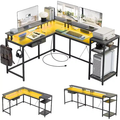 Acekool 68 L-Shaped Gaming Desk - LED Lights & Built-in Charging Station