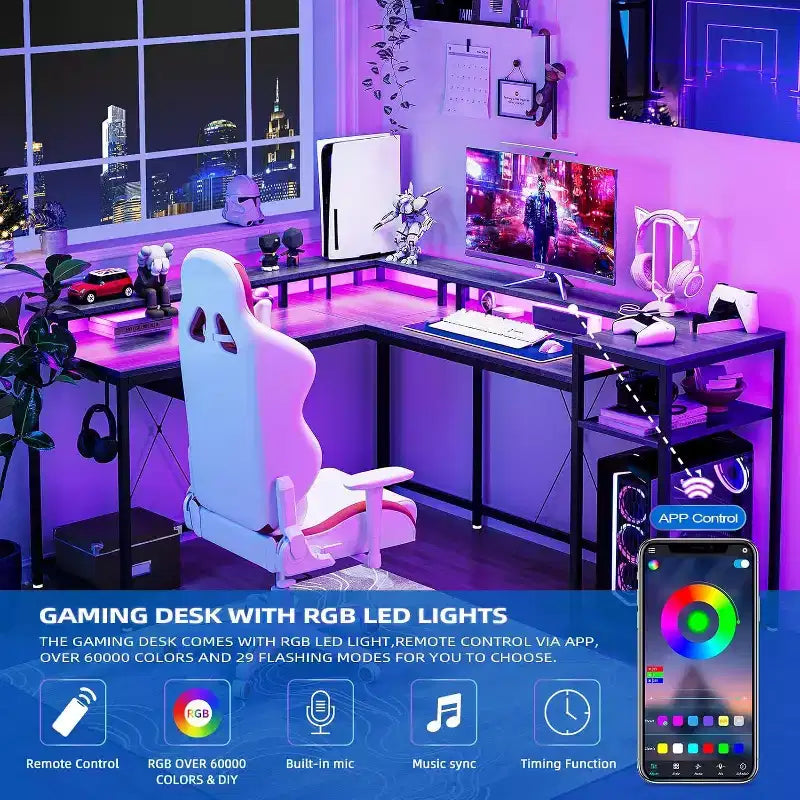 Bureau de gamer en L Acekool 68 - Lumières LED et station de charge intégrée