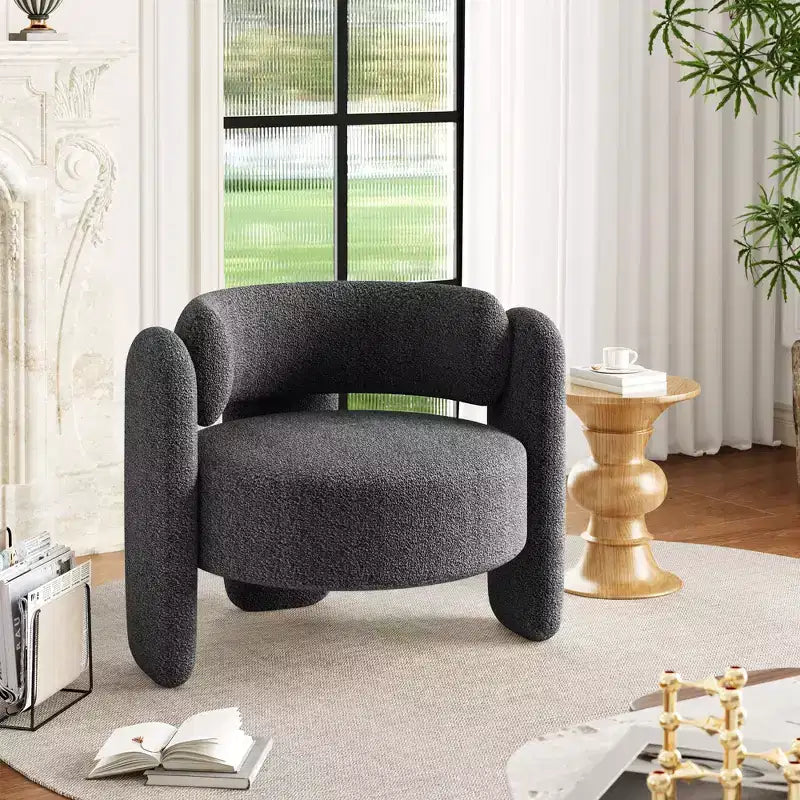 Fauteuil d'appoint moderne rembourré GustoWave avec cadre en bois massif, fauteuil rond en chenille de style Mid-Century avec dossier incurvé