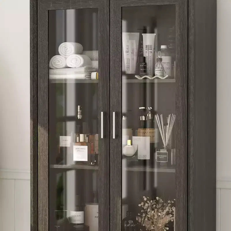 Meuble de Rangement Haut de Salle de Bain Famapy, Unité de Rangement Autonome avec Portes en Verre, Conception Anti-basculement, pour Petits Espaces, Foncé