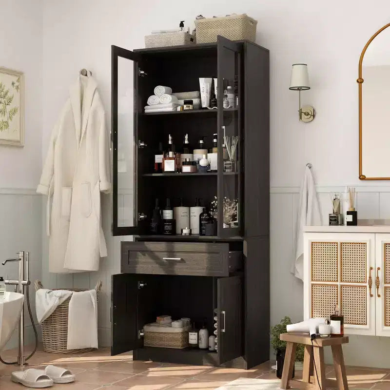 Meuble de Rangement Haut de Salle de Bain Famapy, Unité de Rangement Autonome avec Portes en Verre, Conception Anti-basculement, pour Petits Espaces, Foncé
