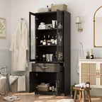 Meuble de Rangement Haut de Salle de Bain Famapy, Unité de Rangement Autonome avec Portes en Verre, Conception Anti-basculement, pour Petits Espaces, Foncé