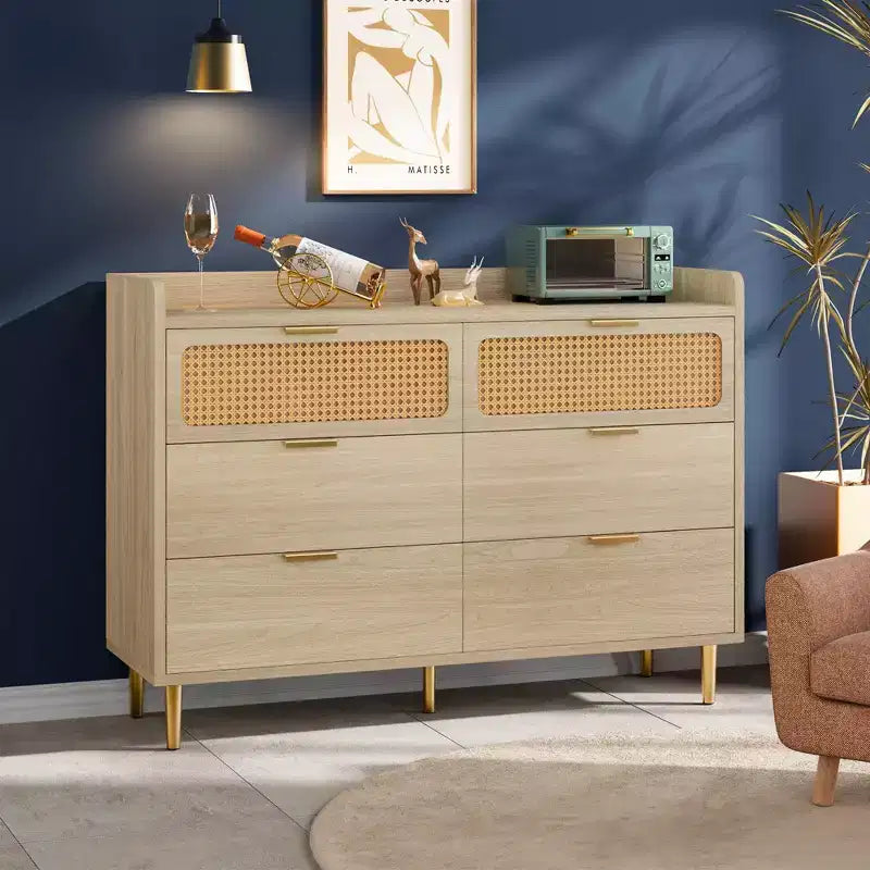 Commode de chambre à 6 tiroirs style campagne, grand chiffonnier avec accents en rotin
