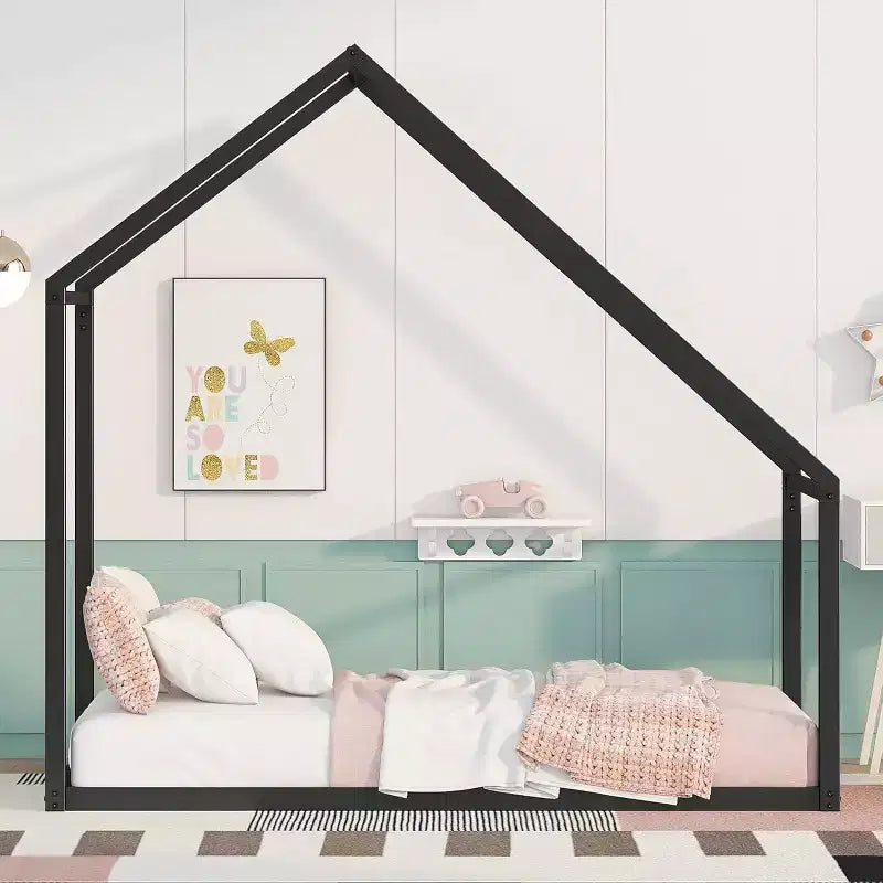 Lit Cabane Enfant Acekool - Cadre Métallique Simple avec Toit