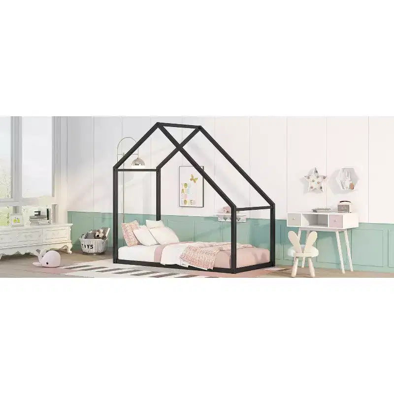 Lit Cabane Enfant Acekool - Cadre Métallique Simple avec Toit