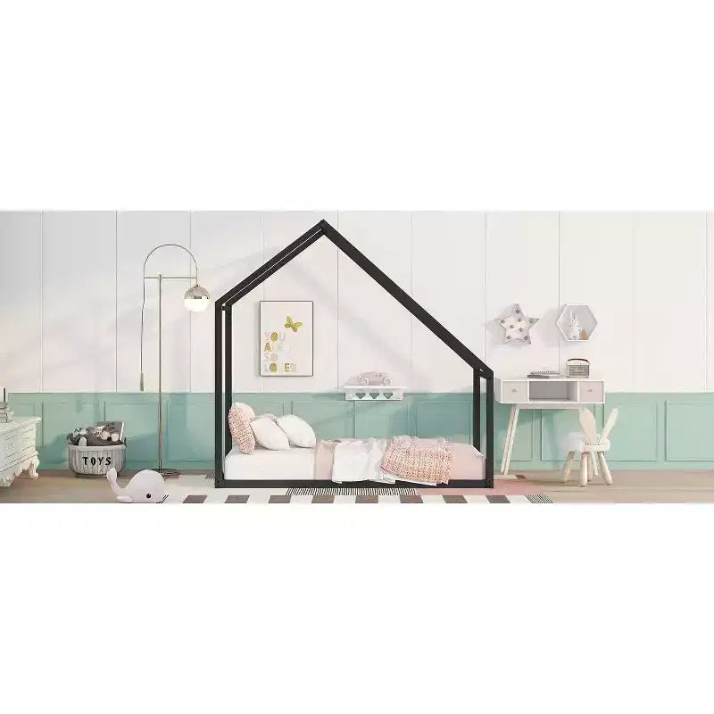 Lit Cabane Enfant Acekool - Cadre Métallique Simple avec Toit