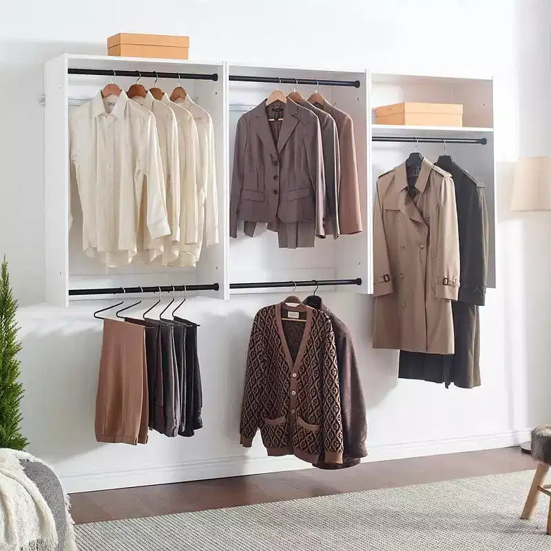 HomeStock Série Devi 31,5-94,5 po L Système de Rangement Modulaire Mural Tringles Doubles 1 Étagère Système de Rangement en Bois