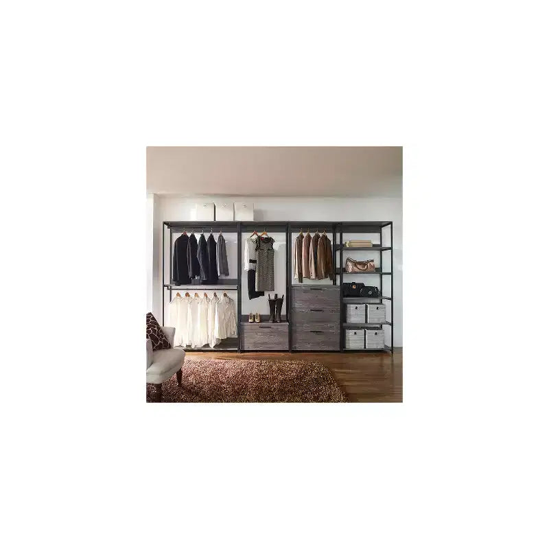 HomeStock 77.7 in.H x 143 in.W Black Wood Composite Closet System for Universal Storage with Storage Bins