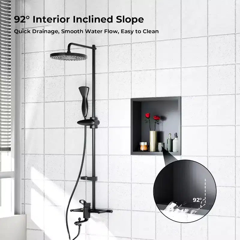 Niche de douche en acier inoxydable au design rectangulaire encastré, installation sans carrelage requise, rangement mural pour salle de bain