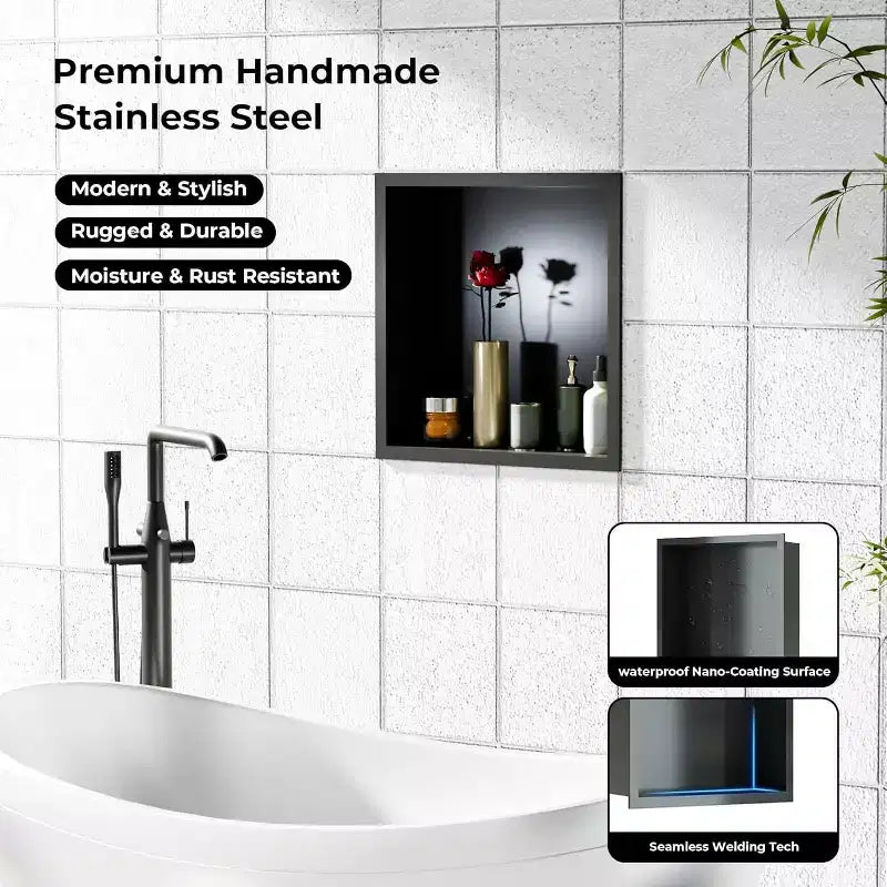 Niche de douche en acier inoxydable au design rectangulaire encastré, installation sans carrelage requise, rangement mural pour salle de bain