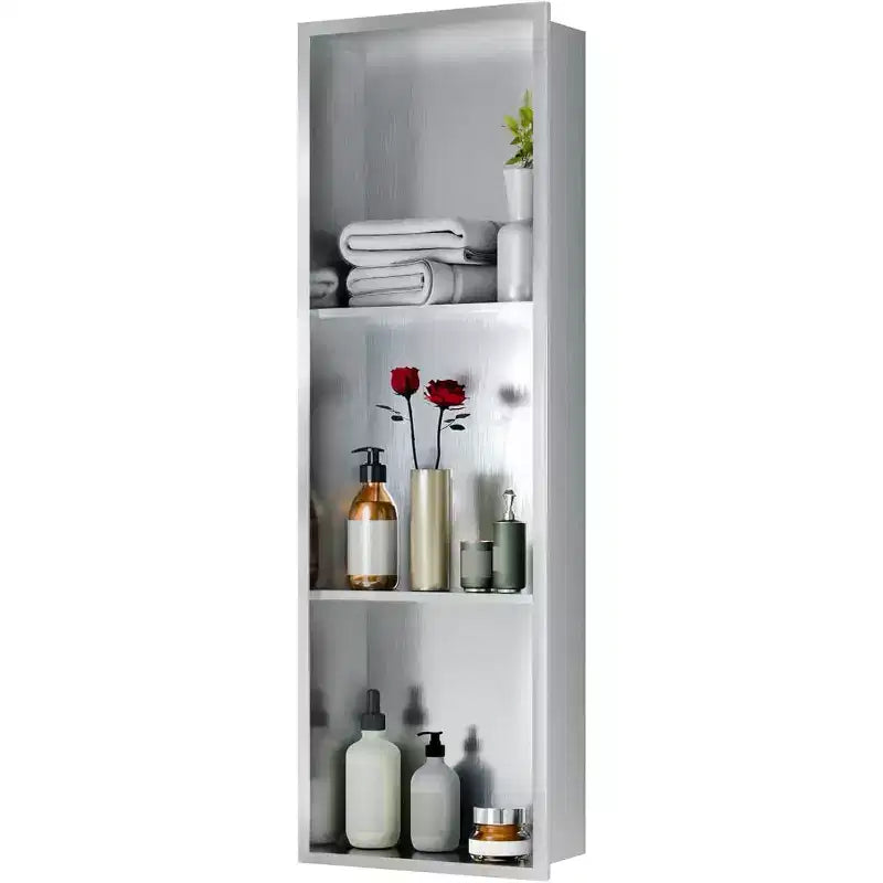 Niche de douche en acier inoxydable au design rectangulaire encastré, installation sans carrelage requise, rangement mural pour salle de bain