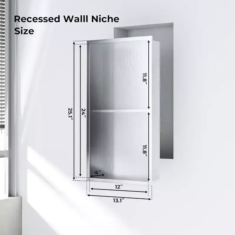Niche de douche en acier inoxydable au design rectangulaire encastré, installation sans carrelage requise, rangement mural pour salle de bain