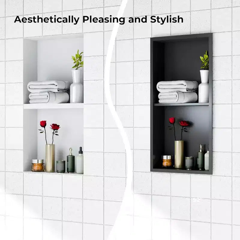 Niche de douche en acier inoxydable au design rectangulaire encastré, installation sans carrelage requise, rangement mural pour salle de bain