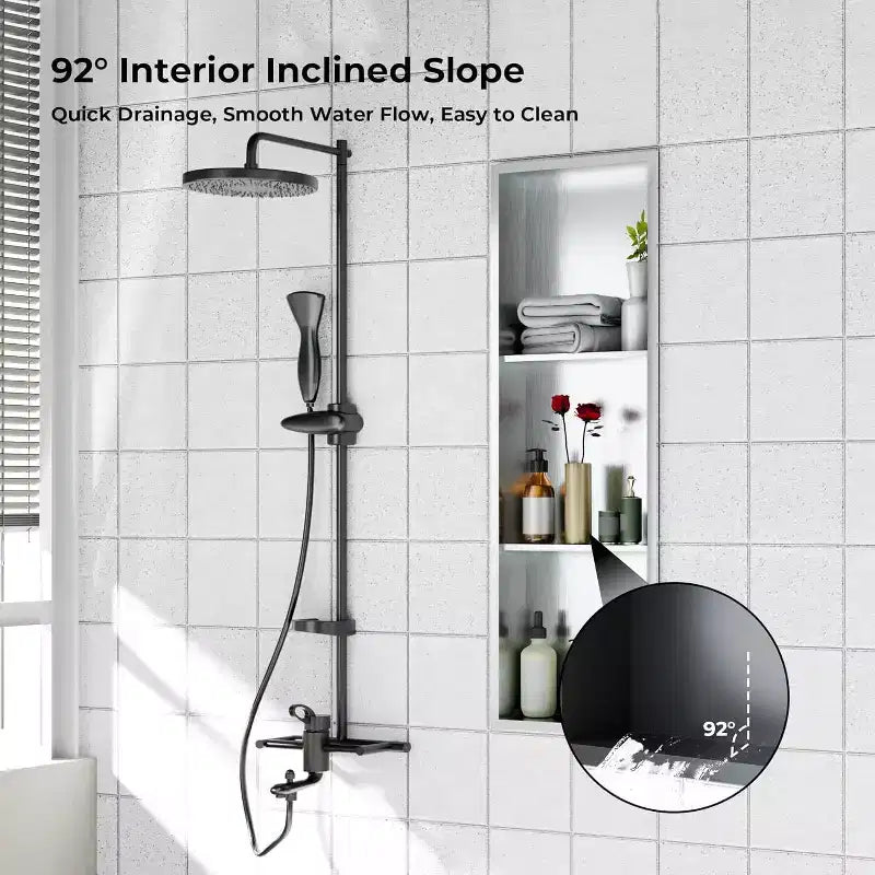 Niche de douche en acier inoxydable au design rectangulaire encastré, installation sans carrelage requise, rangement mural pour salle de bain