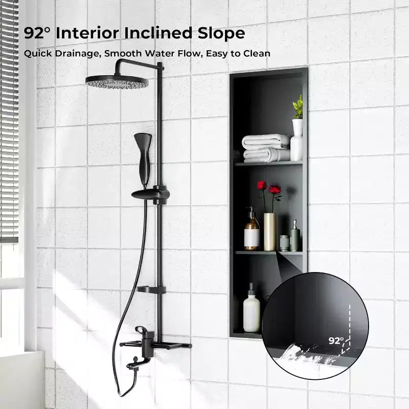 Niche de douche en acier inoxydable au design rectangulaire encastré, installation sans carrelage requise, rangement mural pour salle de bain