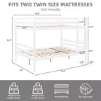 Lit superposé double sur double avec échelle, cadre en bois avec barrières de sécurité hautes pour enfants, aucun sommier tapissier requis, robuste et peu encombrant, blanc