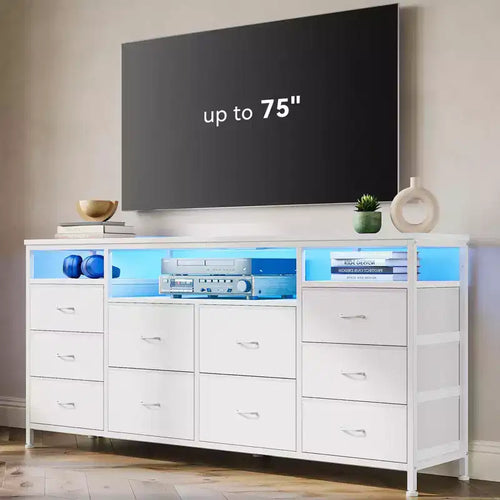 63.3 Inch Black Dresser for Bedroom, 10 Drawer Dresser TV Stand for 65 70 75 Inch TV, Fabric Chest of Drawers with LED Lights & Power Outlets