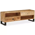 vidaXL Meuble TV en bois de manguier massif - Fabriqué à la main avec pieds en acier et style rétro peint à la main - Comprend 2 étagères et 2 tiroirs - Marron