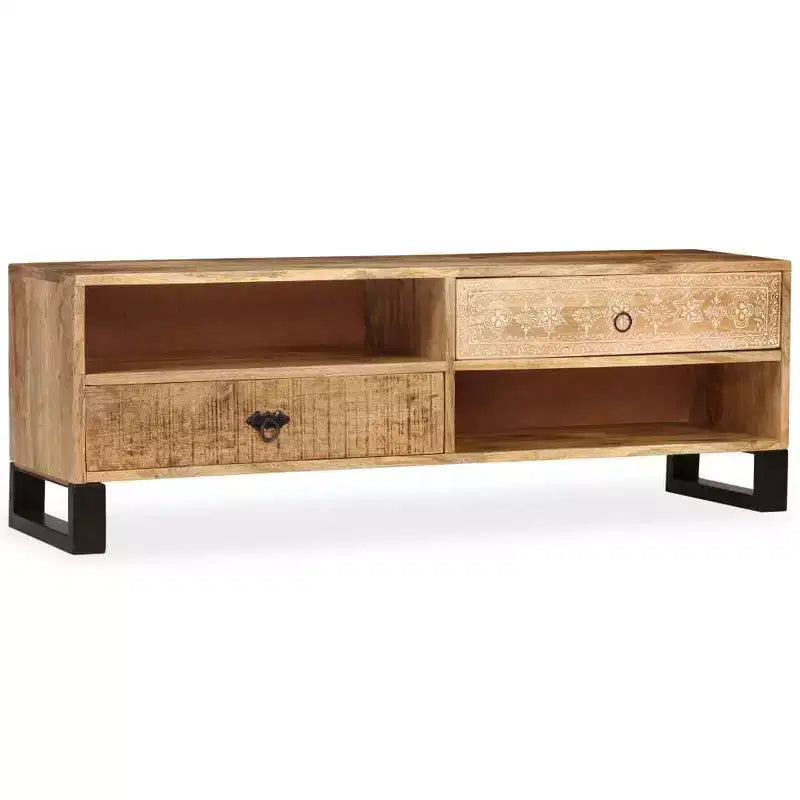 vidaXL Meuble TV en bois de manguier massif - Fabriqué à la main avec pieds en acier et style rétro peint à la main - Comprend 2 étagères et 2 tiroirs - Marron