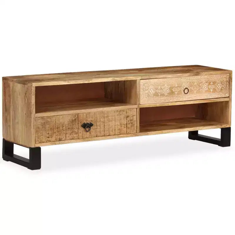 vidaXL Meuble TV en bois de manguier massif - Fabriqué à la main avec pieds en acier et style rétro peint à la main - Comprend 2 étagères et 2 tiroirs - Marron
