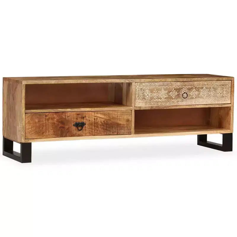 vidaXL Meuble TV en bois de manguier massif - Fabriqué à la main avec pieds en acier et style rétro peint à la main - Comprend 2 étagères et 2 tiroirs - Marron
