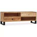 vidaXL Meuble TV en bois de manguier massif - Fabriqué à la main avec pieds en acier et style rétro peint à la main - Comprend 2 étagères et 2 tiroirs - Marron