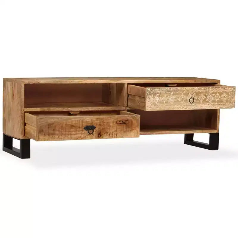 vidaXL Meuble TV en bois de manguier massif - Fabriqué à la main avec pieds en acier et style rétro peint à la main - Comprend 2 étagères et 2 tiroirs - Marron