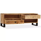 vidaXL Meuble TV en bois de manguier massif - Fabriqué à la main avec pieds en acier et style rétro peint à la main - Comprend 2 étagères et 2 tiroirs - Marron
