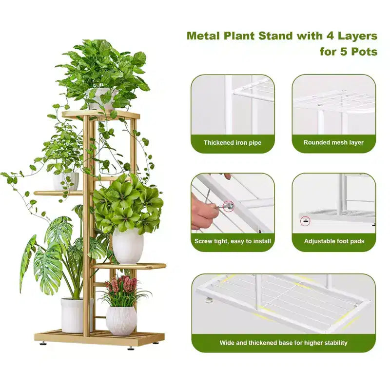 TROPOW Support de plantes en métal à 4 niveaux - Étagère à fleurs pour l'intérieur et l'extérieur - Support de plantes d'intérieur et balcon