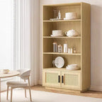 Étagère bohème à 5 niveaux Acekool avec portes en rotin, bibliothèque haute en bois avec rangement, porte-livres pour salon, chambre, bureau, cuisine