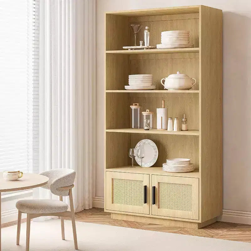 Étagère bohème à 5 niveaux Acekool avec portes en rotin, bibliothèque haute en bois avec rangement, porte-livres pour salon, chambre, bureau, cuisine