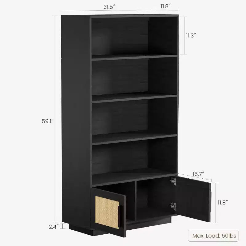 Étagère bohème à 5 niveaux Acekool avec portes en rotin, bibliothèque haute en bois avec rangement, porte-livres pour salon, chambre, bureau, cuisine